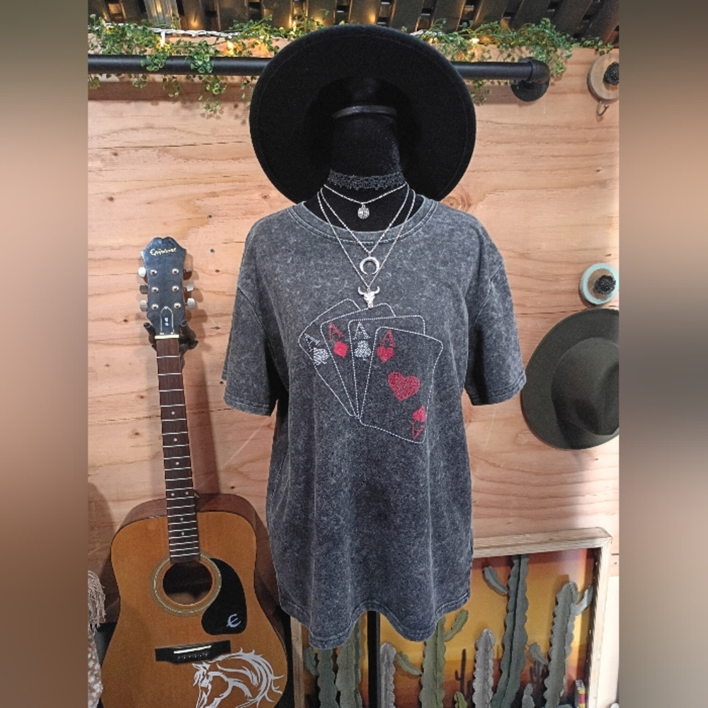 ✨Sold✨Western Aces High Graphic Tee - Acid Wash Charcoal - Size Large